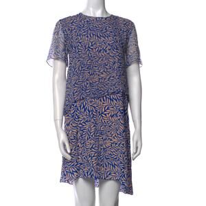 Diane von Furstenberg Silk Sheer Overlay Dress Blue Beige Leaf Print Size 8
